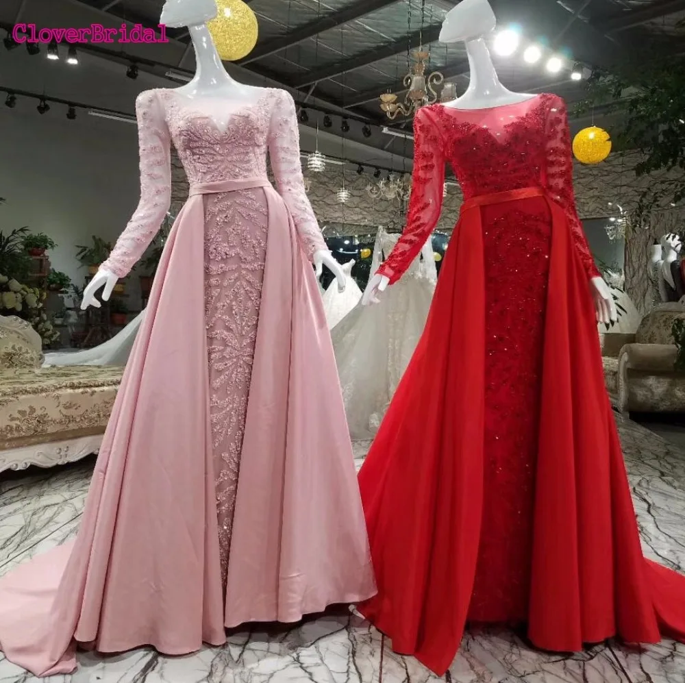 CloverBridal High quality long sleeves rose navy silver red luxury beaded evening dress with long train overskirts
CloverBridal High quality long sleeves rose navy silver red luxury beaded evening dress with long train overskirts