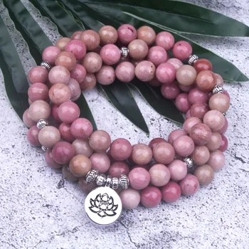 

108 Mala Natural Rhodochrosite Stone Beaded Buddha OM Lotus Charm Bracelet For Women Lucky Meditation Yoga Jewelry