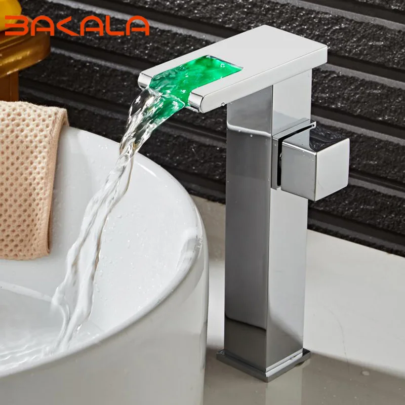 

BAKALA Led Bathroom Faucet Brass Chromed Waterfall Bathroom Basin Faucets 3 Color Change Tap Water Power Basin Led Mixer Faucet