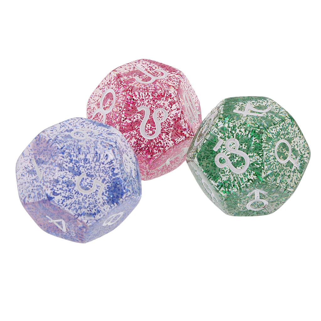 Funny 3pcs Digital Dice Set Glitter 12-sided Acrylic Astrology Dice for Fun Family Club Constellation Divination Borads Game Toy
Funny 3pcs Digital Dice Set Glitter 12-sided Acrylic Astrology Dice for Fun Family Club Constellation Divination Borads Game Toy