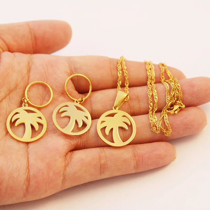 

Stainless Steel Gold Color Coconut Tree Necklace Earrings Jewelry Sets for Women's Jewellery Gift