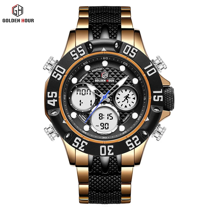 

GOLDENHOUR Top Brand Men Fashion Dual Display Quartz Watch Mens Stainless Steel Waterproof Wristwatches Casual Relogio Masculino