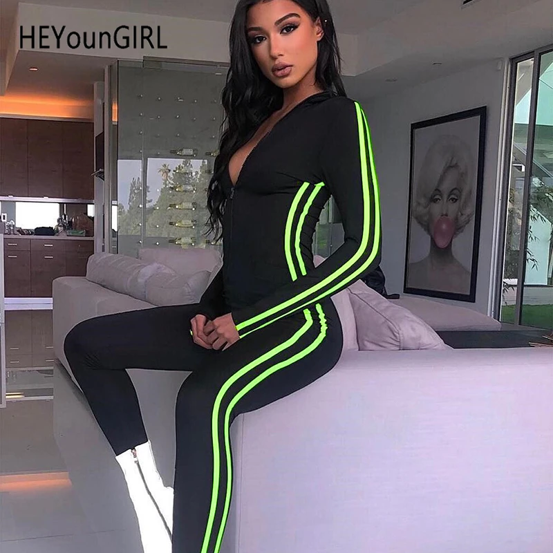 

HEYounGIRL Neon Stripes Bodycon Black Jumpsuit Long Sleeve Overall for Women Zipper Fitness Elegant Tight Combishort Romper 2019