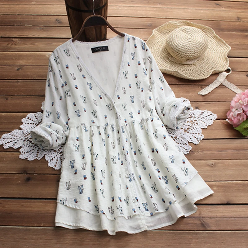 Blouses 2019 Autumn Women Long Sleeve Shirts Casual Cat Printed Cardigan V Neck Buttons Blusas Irrefular Hem Layered Top
Blouses 2019 Autumn Women Long Sleeve Shirts Casual Cat Printed Cardigan V Neck Buttons Blusas Irrefular Hem Layered Top