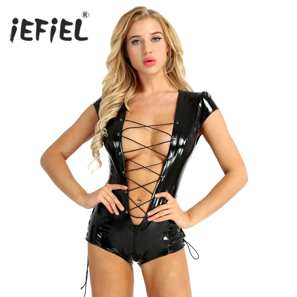 Womens Wet Look One-piece Evening Party Sexy Bodysuit Cap Sleeve Deep V Plunging Lace-up Zipper Crotch Leotard Jumpsuit Clubwear
Womens Wet Look One-piece Evening Party Sexy Bodysuit Cap Sleeve Deep V Plunging Lace-up Zipper Crotch Leotard Jumpsuit Clubwear