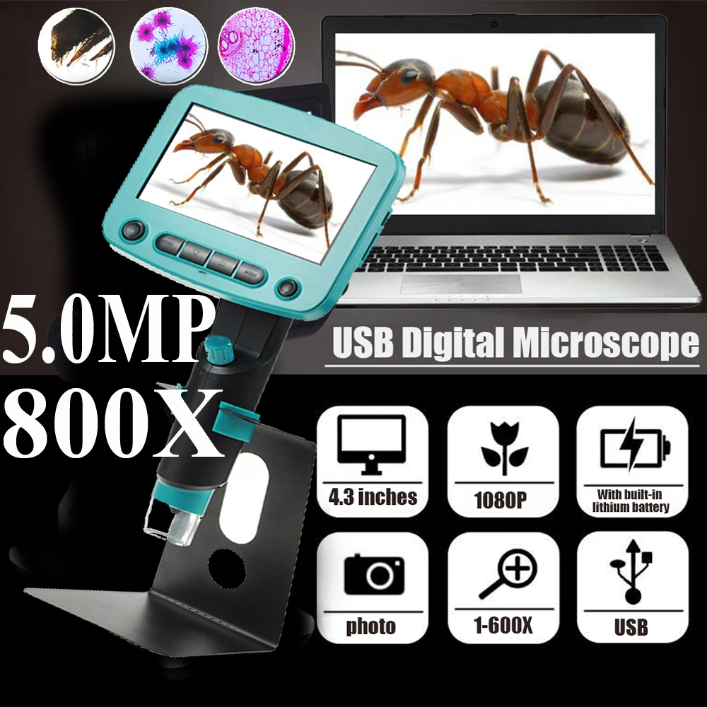 Электронный микроскоп с ЖК-дисплеем 800X зум 5 0 МП портативный светодиодный