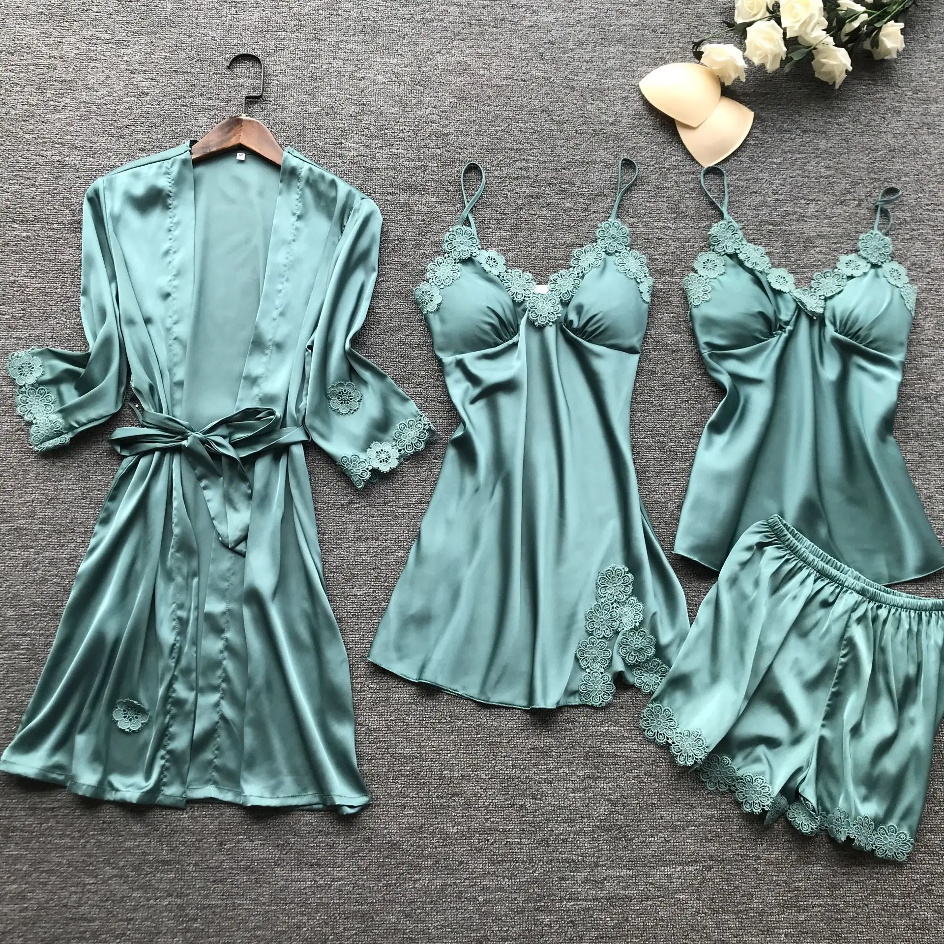 MECHCITIZ 4 Piece Women Pajamas Set Bathrobe padded Nighties Sexy Night Gowns Robe Sleepwear Autumn Nightwear Lace Pijamas Robes