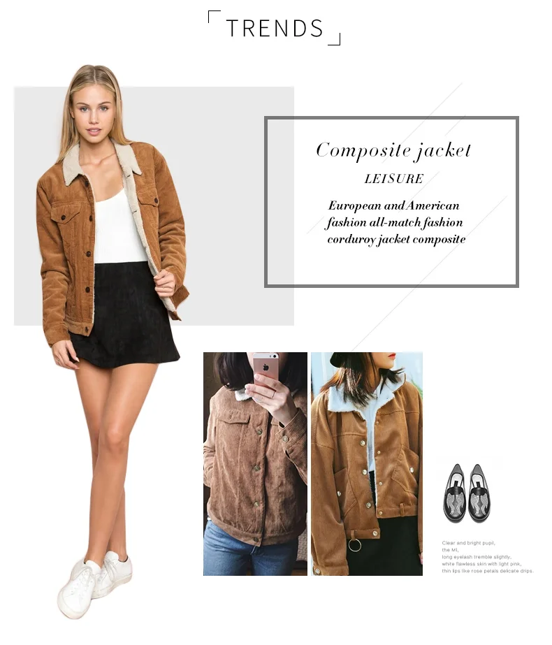 FREE SHIPPING Corduroy Long Sleeve Collar Jacket JKP1128