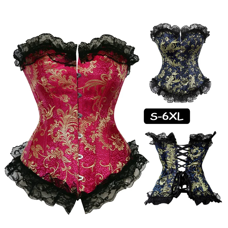 

Women 's Lace Up Boned Sexy Plus Size Overbust Corset Bustier Bodyshaper Waist Cincher Floral Corselet Top with G-String