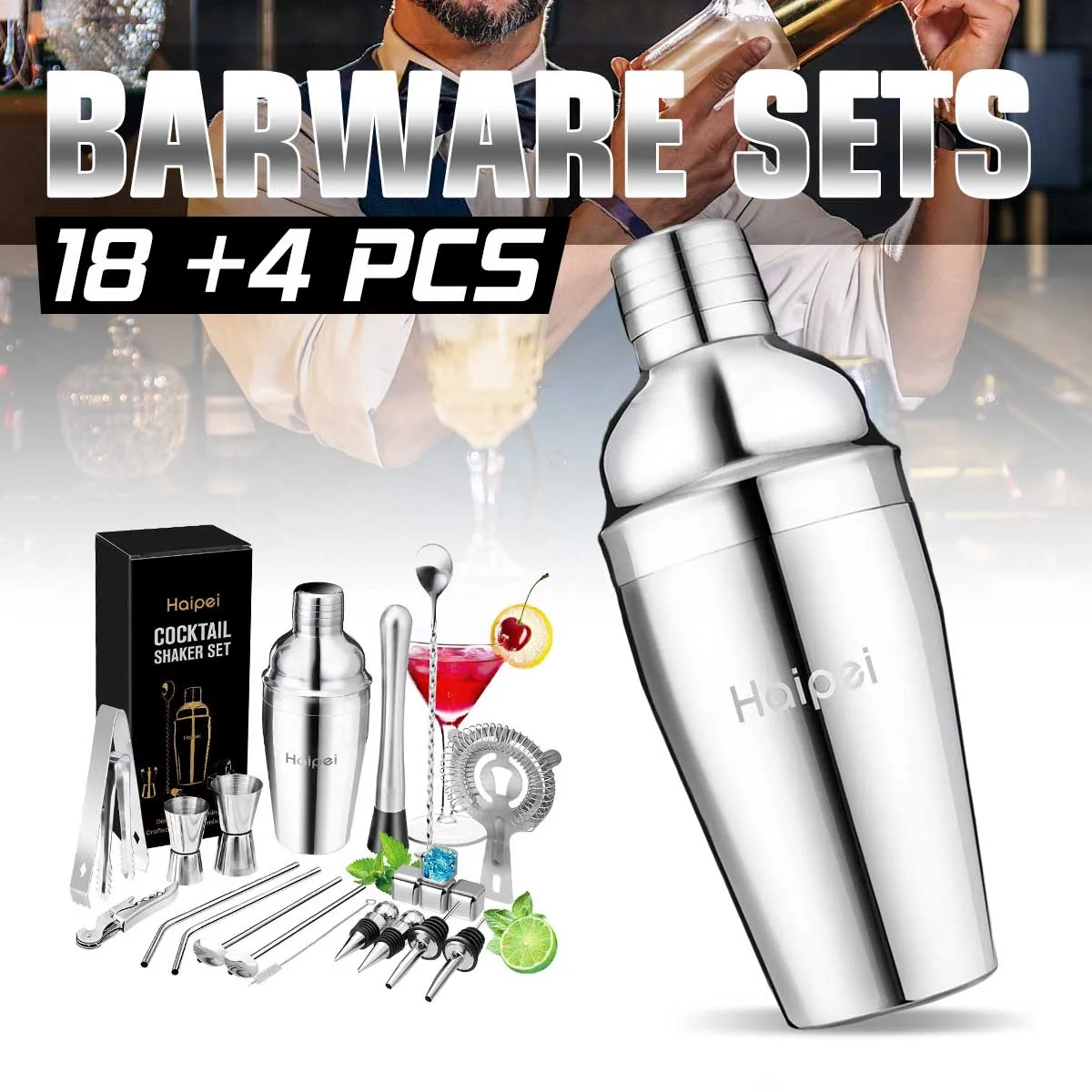 HAIPAI 22pcs Barware Stainless Steel Bar Sets Mojito Cocktail Shaker Mixer Maker Muddler Bartender Tools With Whiskey Stones
HAIPAI 22pcs Barware Stainless Steel Bar Sets Mojito Cocktail Shaker Mixer Maker Muddler Bartender Tools With Whiskey Stones