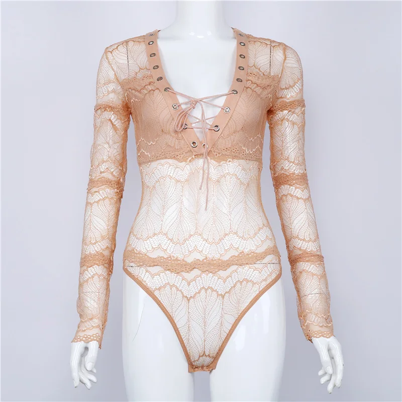 Women Lace-up Deep V transparent lacce bodysuit (17)