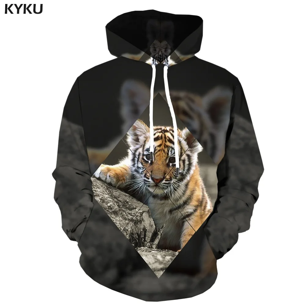 

KYKU Brand Tiger Hoodie Men Animal Hooded Casual Gray Hoodie Print Geometric Hoodes 3d Abstract Hoody Anime Long Sleeve Fashion