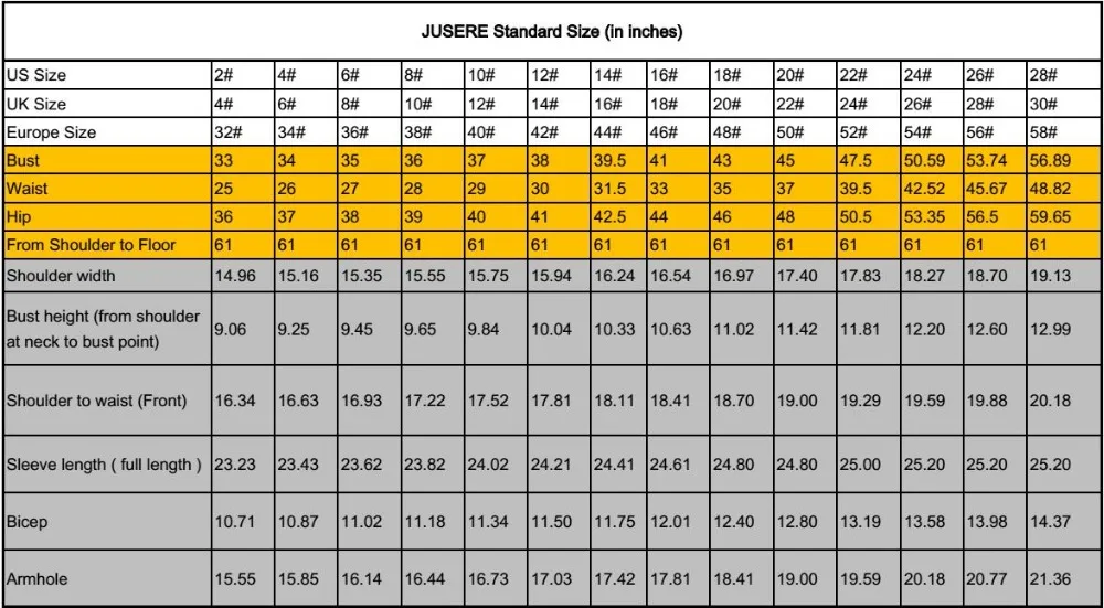 Size chart in inches
