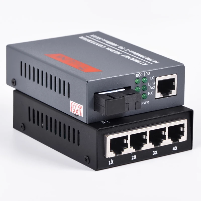 1 pair 10/100/1000Mbps Gigabit Ethernet Media Converter 1 port RJ45 1 port SC + 4 port RJ45 1 port SC Single Mode Optic Fiber
1 pair 10/100/1000Mbps Gigabit Ethernet Media Converter 1 port RJ45 1 port SC + 4 port RJ45 1 port SC Single Mode Optic Fiber