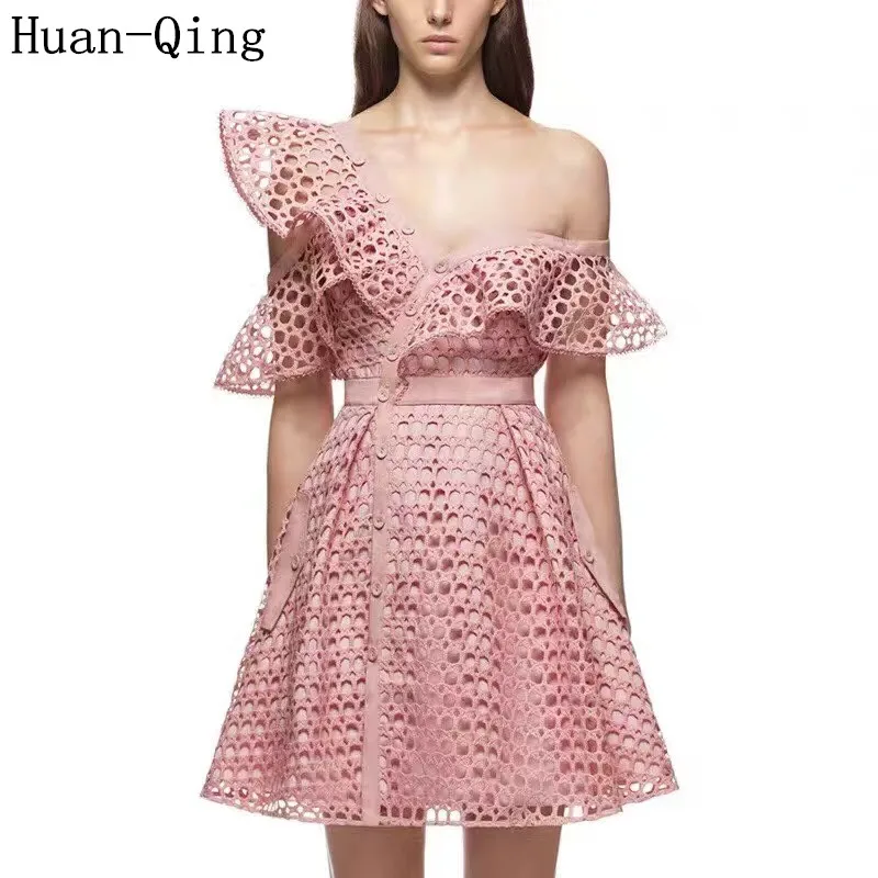 Женское кружевное платье-туника Huan-Qing облегающее платье с оборками и косой