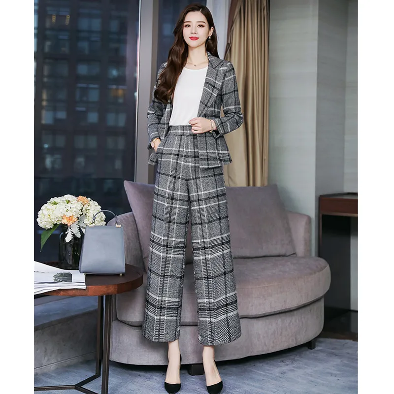 9.1 单扣、99、Women's suit spring and autumn new women's plaid casual suit two-piece suit (jacket + pants) women's business wear