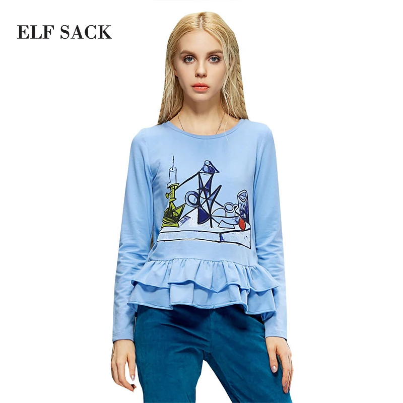 ELF SACK Women's Loose Cotton T-Shirt w/ Long Sleeve & Ruffles