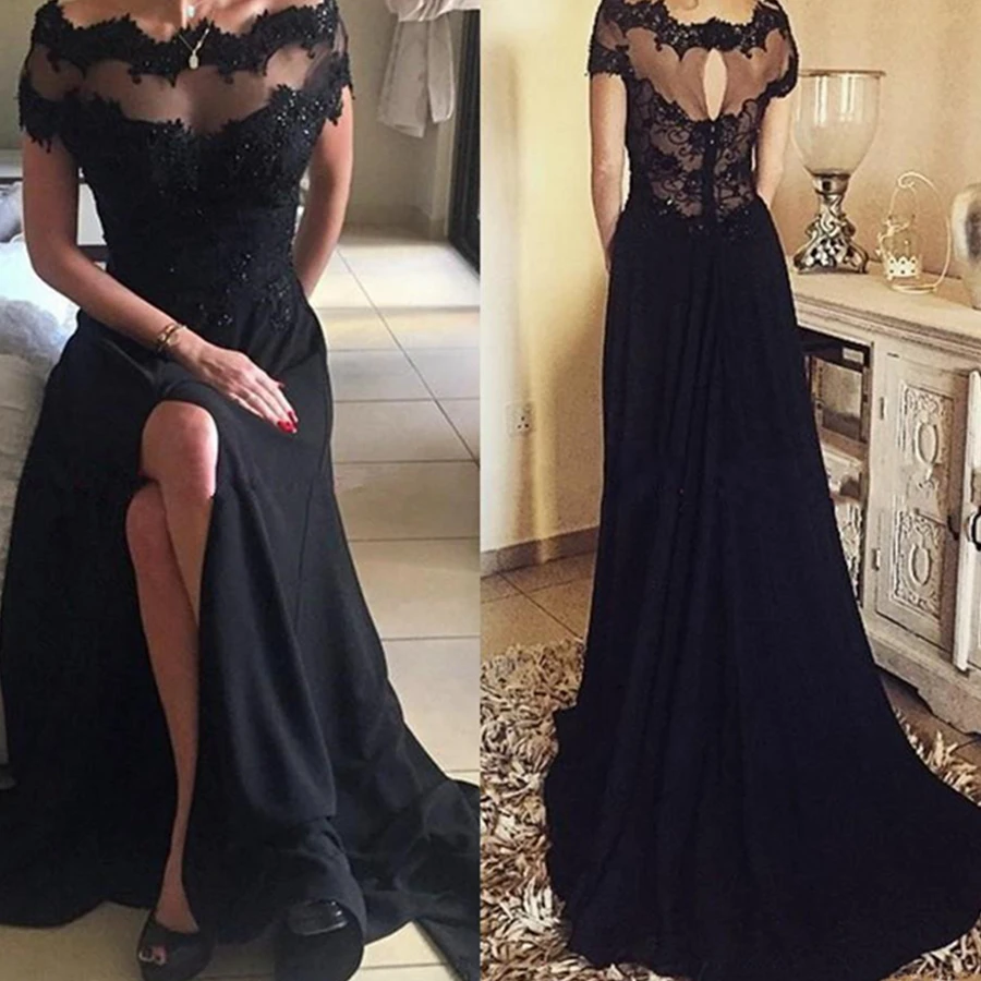 2021 Black Vintage Lace Prom Party Dresses A Line Short Sleeve Side Split Plus Size Long Chiffon Formal Evening Gowns
2021 Black Vintage Lace Prom Party Dresses A Line Short Sleeve Side Split Plus Size Long Chiffon Formal Evening Gowns