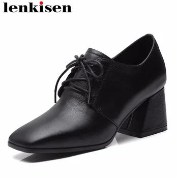 Lenkisen korean girls lace up square toe genuine leather black brown color thick high heels plus size women shallow pumps L00
Lenkisen korean girls lace up square toe genuine leather black brown color thick high heels plus size women shallow pumps L00