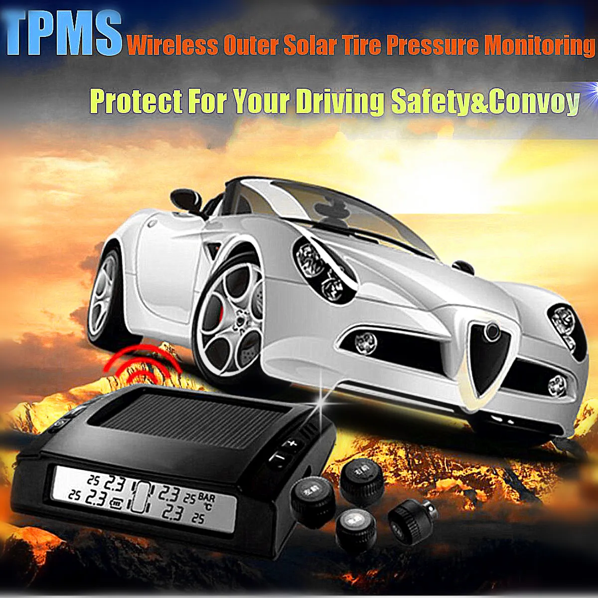 Solar Power Wireless Tire Pressure Alarm Car TPMS Tyre Tire Pressure Monitoring System 4 x External Sensors Digital LCD Display
Solar Power Wireless Tire Pressure Alarm Car TPMS Tyre Tire Pressure Monitoring System 4 x External Sensors Digital LCD Display
