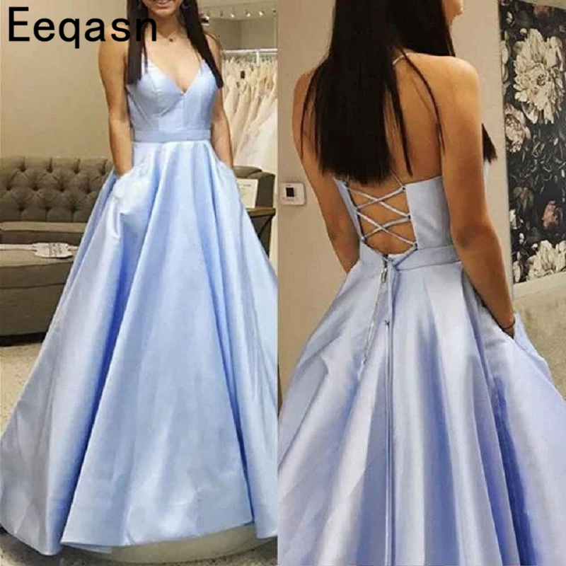 Simple Satin Prom Dresses Long Elegant Spaghetti Straps Formal Evening Gowns Sky Blue Graduation Party Dress Pockets
Simple Satin Prom Dresses Long Elegant Spaghetti Straps Formal Evening Gowns Sky Blue Graduation Party Dress Pockets