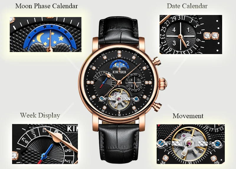 010KINYUED Mechanical Tourbillon Men Watches Luxury Fashion Brand Moon Phase Buckle Water Resistant Watch Multifunctional Timepiece (1)