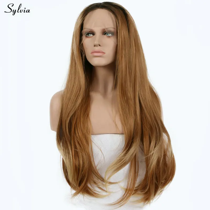 

Sylvia Brown Wig Natural Wave Short Dark Roots Ombre Brown Long Synthetic Hair with Blond Hairy Lace Front Wigs For Women Party