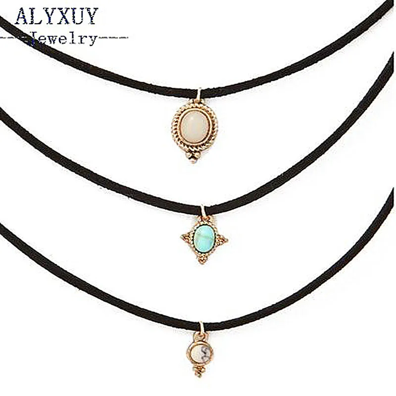 Фото New fashion jewelry leather blue stone choker necklace set 1set =3pieces gift for women girl N1779 | Украшения и аксессуары