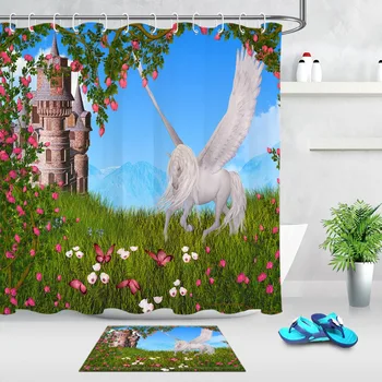 

Castle Unicorn Butterfly Flowers Shower Curtain And Rug Bathroom Screen Extra Long Waterproof Polyester Fabric for Bathtub Decor