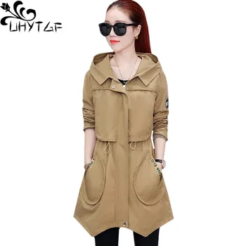 UHYTGF Hooded casual spring autumn tops outerwear Women Temperament Mid-length trench coat Lace-up zipper Elegant Lady coats 410
UHYTGF Hooded casual spring autumn tops outerwear Women Temperament Mid-length trench coat Lace-up zipper Elegant Lady coats 410