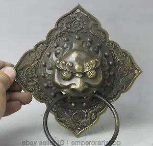 Chinese Old 7" Chinese Copper Fengshui Foo Fu Dog Guardion Lion Head Mask Door knocker decoration bronze factory outlets
Chinese Old 7" Chinese Copper Fengshui Foo Fu Dog Guardion Lion Head Mask Door knocker decoration bronze factory outlets