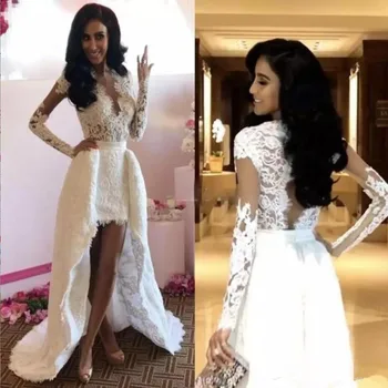 2019 New Short Front Long Back Lace Wedding Dresses Long Sleeve detachable train V Neck Hollow Back High Low Bridal Gowns
2019 New Short Front Long Back Lace Wedding Dresses Long Sleeve detachable train V Neck Hollow Back High Low Bridal Gowns