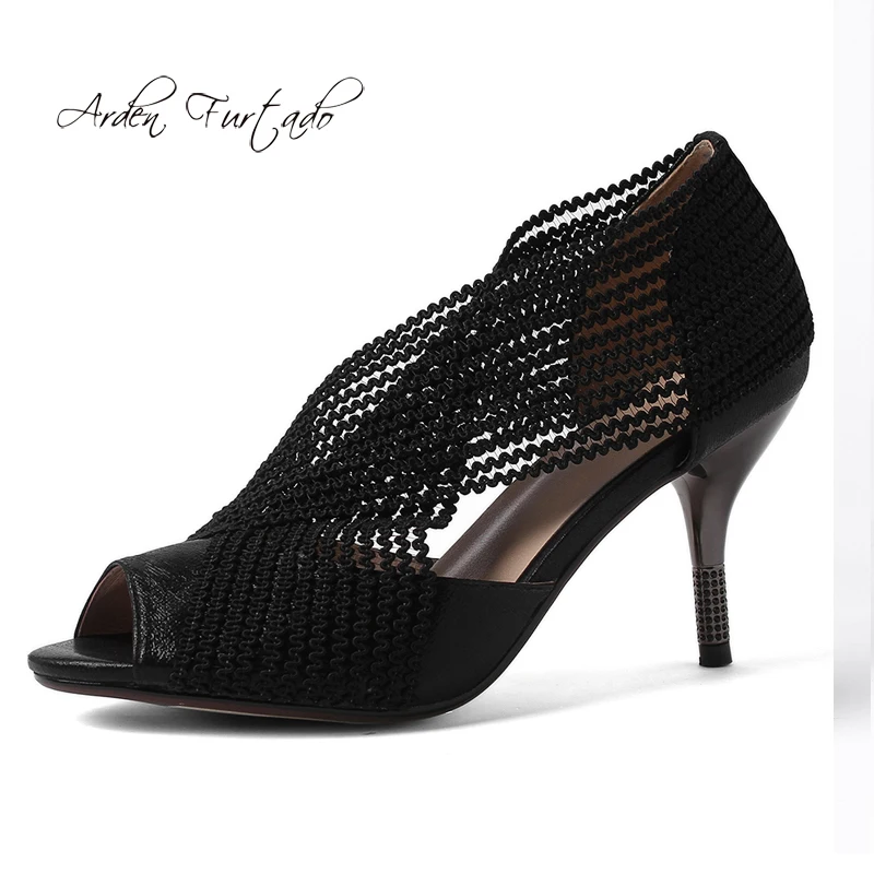 Arden Furtado Summer 2019 fashion women's shoes peep toe stilettos heels 8cm slip-on pumps sexy black online celebrity sandals | Обувь