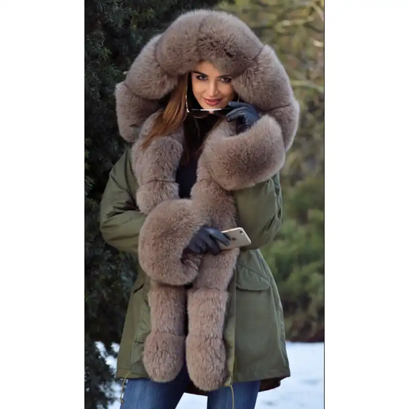 Winter Warm Real Genuine Fox Fur Ladies Hooded Coats Thick Outwear Jacket Parka