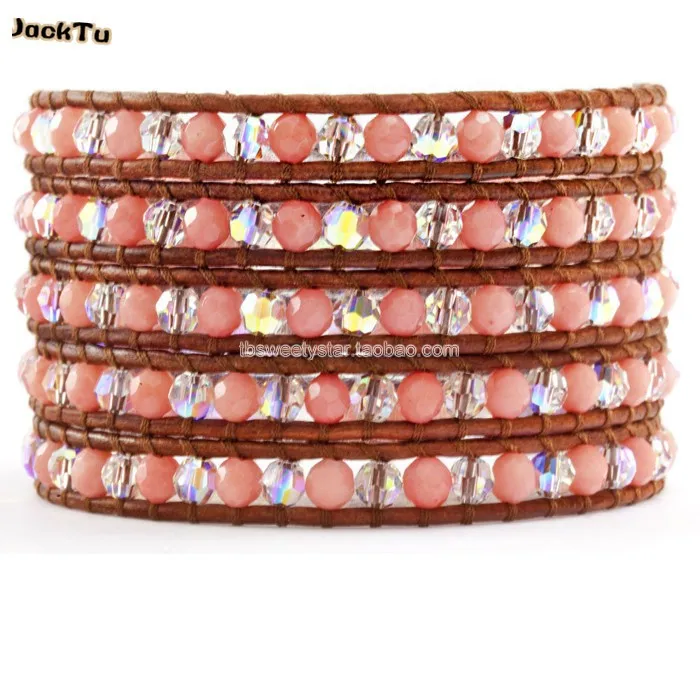 coral AB color natural brown leather wrap bracelet
coral AB color natural brown leather wrap bracelet