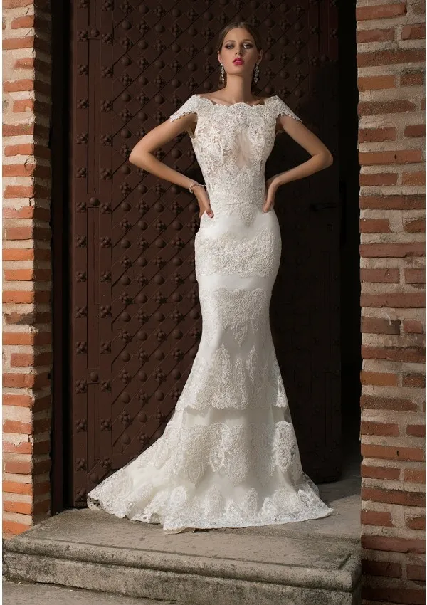 Lace Mermaid Wedding Dresses Boat Neck Short Sleeves Floor Length Open Back Bridal | Свадьбы и торжества