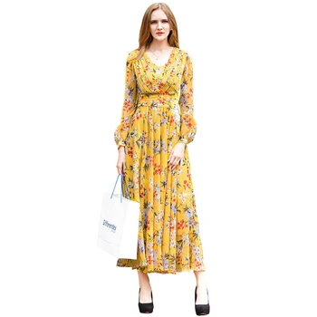 Spring Summer Chiffon Printed Floral Full Length Dress Yellow V neck Party Night Long Dress Elegant Ladies Evening Clothing 6648
Spring Summer Chiffon Printed Floral Full Length Dress Yellow V neck Party Night Long Dress Elegant Ladies Evening Clothing 6648