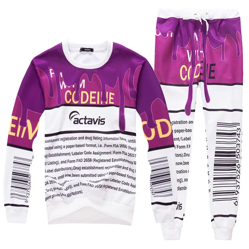 New Actavis codeine syrup Printed 3D Sweatshirts+joggers Men Women Pullovers Long Sleeve hoodies harajuku Unisex tracksuits
New Actavis codeine syrup Printed 3D Sweatshirts+joggers Men Women Pullovers Long Sleeve hoodies harajuku Unisex tracksuits