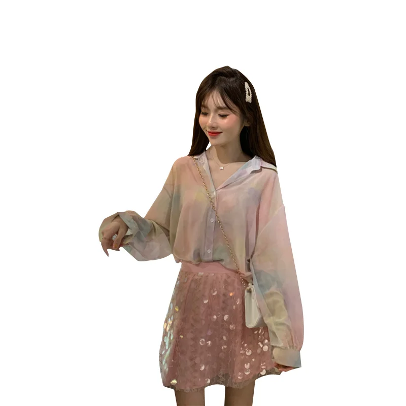 Women's Clothing summer new Korean loose thin turn-down collar long sleeve shirt+Sequins skirt ulzzang sweet chic Women's Sets 
Women's Clothing summer new Korean loose thin turn-down collar long sleeve shirt+Sequins skirt ulzzang sweet chic Women's Sets