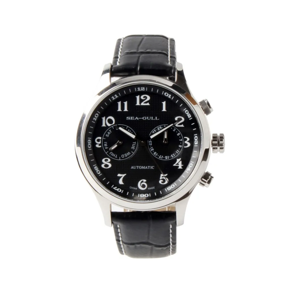 Seagull Day Date Dual Time Zone GMT Guilloche Arabic Numerals Luminous Hands Exhibition Back Automatic Men's Watch Black Dial
Seagull Day Date Dual Time Zone GMT Guilloche Arabic Numerals Luminous Hands Exhibition Back Automatic Men's Watch Black Dial