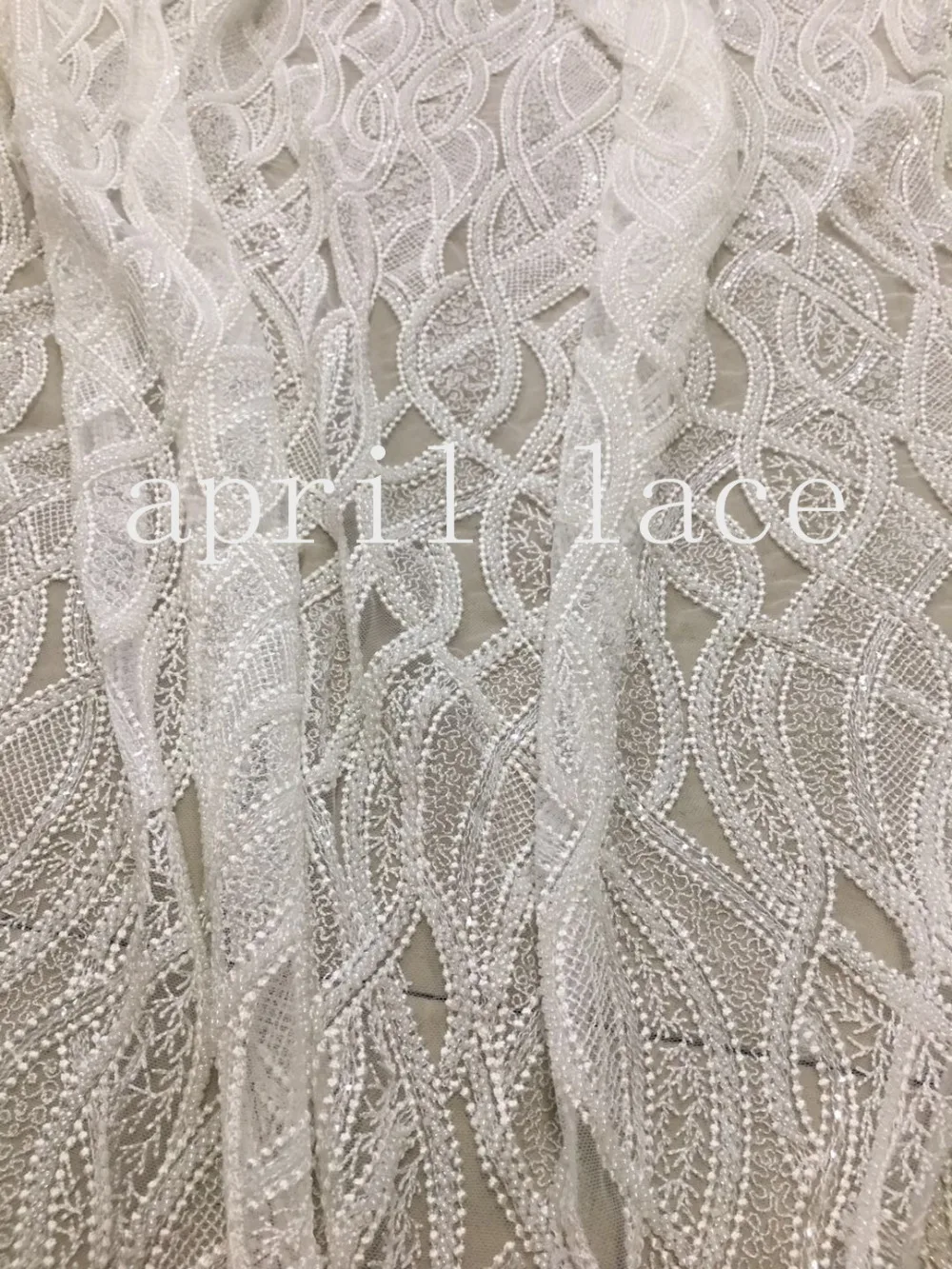 

2019 hot sale stock 5yards jj002 ivory offwhite beads sequin luxury embroidery net mesh lace fabric for bridal wedding dress