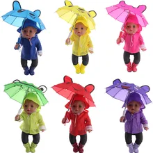 Conjunto de chuva 6 pçs = chapéu + t-shirt + casaco + calças + sapatos + guarda-chuva caber 18 Polegada americano & 43 cm roupa de boneca de bebê nascido, geração, presente de brinquedo da menina(China)