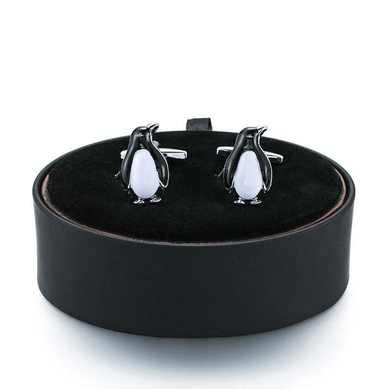 

DY New Mens French Cufflinks black leather box set by interesting small animal Penguin Cufflinks Gift Set FREE SHIPPING