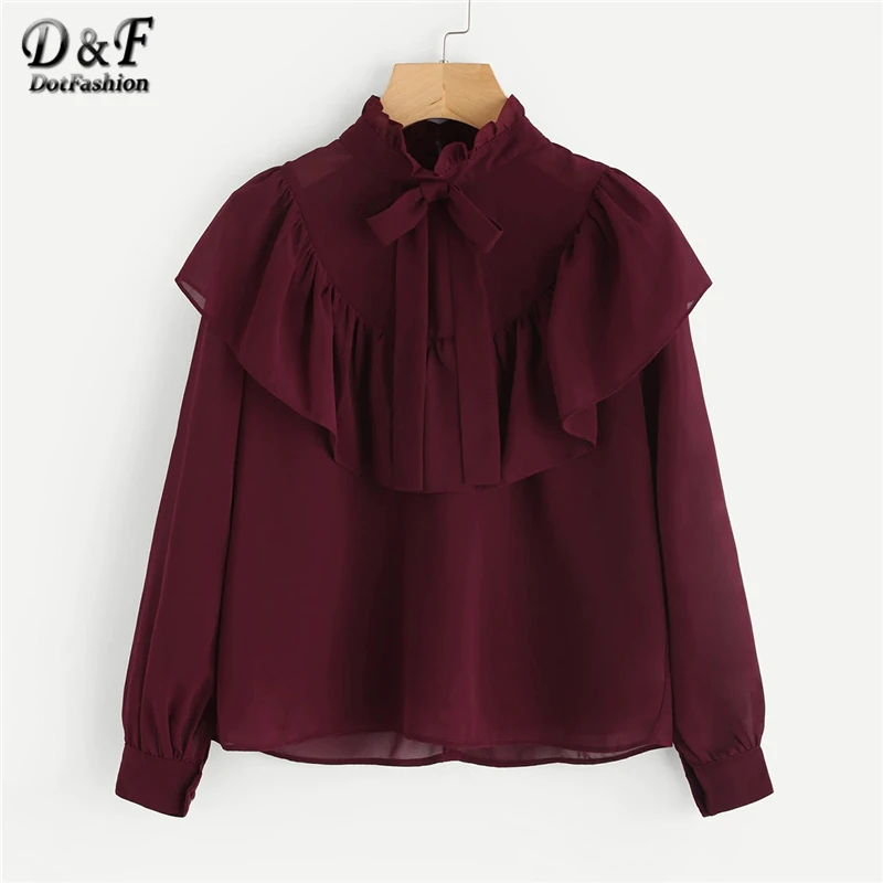 

Dotfashion Burgundy Self Tie Neck Frill Trim Vintage Blouse Shirt Women 2019 Elegant Autumn Ladies Tops Long Sleeve Plain Shirts