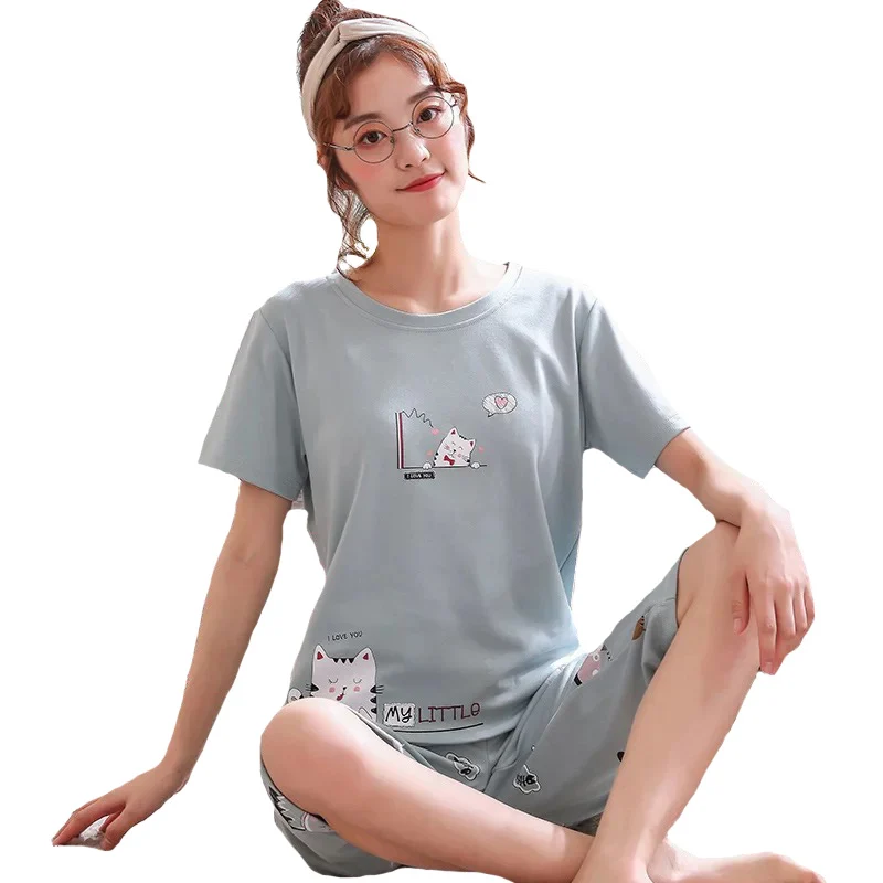 Women Sleepwear Korean Style Sweet Pajama Set Top+Calf-Length Pants Cartoon Printed Comfort Cotton Large Size With Many Styles
Women Sleepwear Korean Style Sweet Pajama Set Top+Calf-Length Pants Cartoon Printed Comfort Cotton Large Size With Many Styles