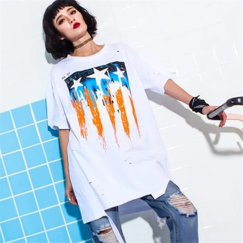 spring summer women casual Long Broken hole short sleeve t shirts tops & tees plus size pullover loose Pentagram print T-shirt
spring summer women casual Long Broken hole short sleeve t shirts tops & tees plus size pullover loose Pentagram print T-shirt