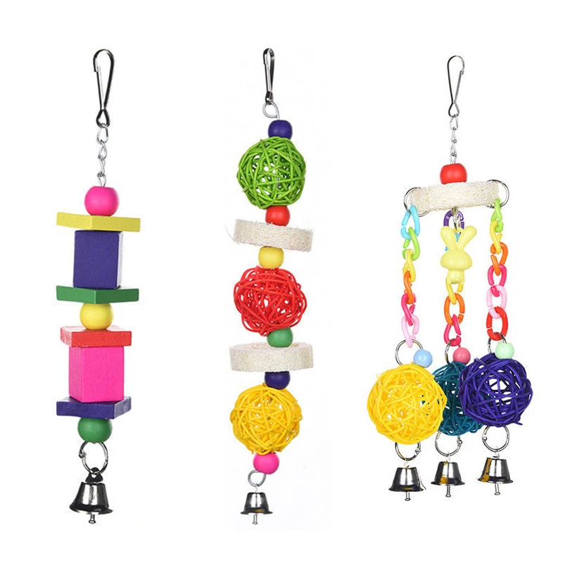 Mayitr Parrot Toys Pet Bird Bites Climb Chew Toy Hanging Cockatiel Parakeet Climb Chewing Cage With Bell Bird Toys Multi Styles