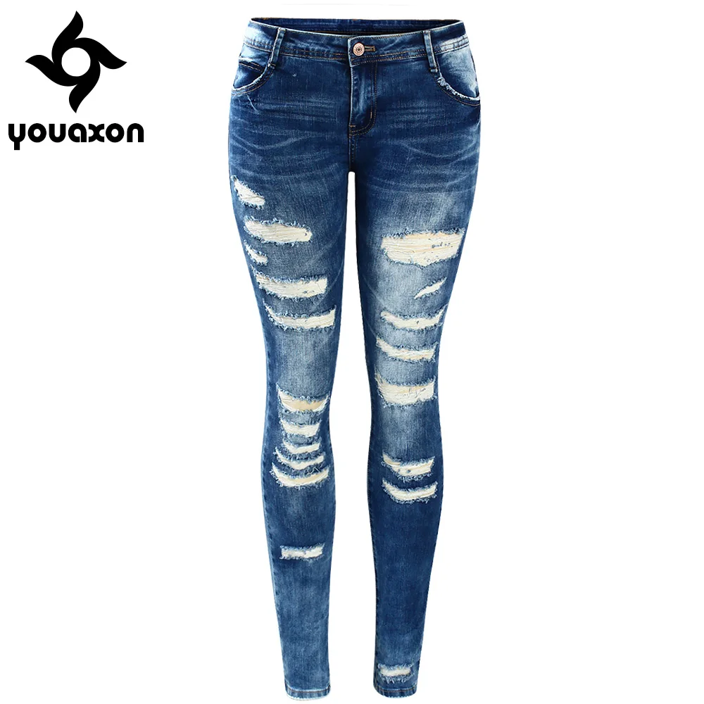 

2045 Youaxon Women`s Celebrity Style Fashion Blue Low Rise Skinny Distressed Washed Stretch Denim Jeans For Women Ripped Pants