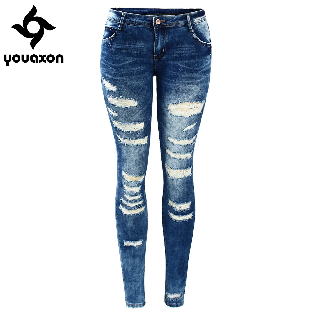 Женские джинсы с низкой посадкой Youaxon синие потертые Стрейчевые потертостями