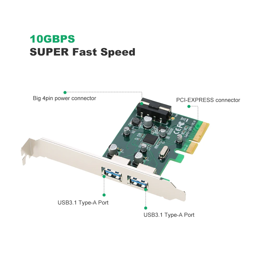 PCI-E to 2-Port USB3.1 Type A PCI Express Expansion Card Controller Adapter Superspeed 10 Gbps with Big 4Pin Power Connector
PCI-E to 2-Port USB3.1 Type A PCI Express Expansion Card Controller Adapter Superspeed 10 Gbps with Big 4Pin Power Connector